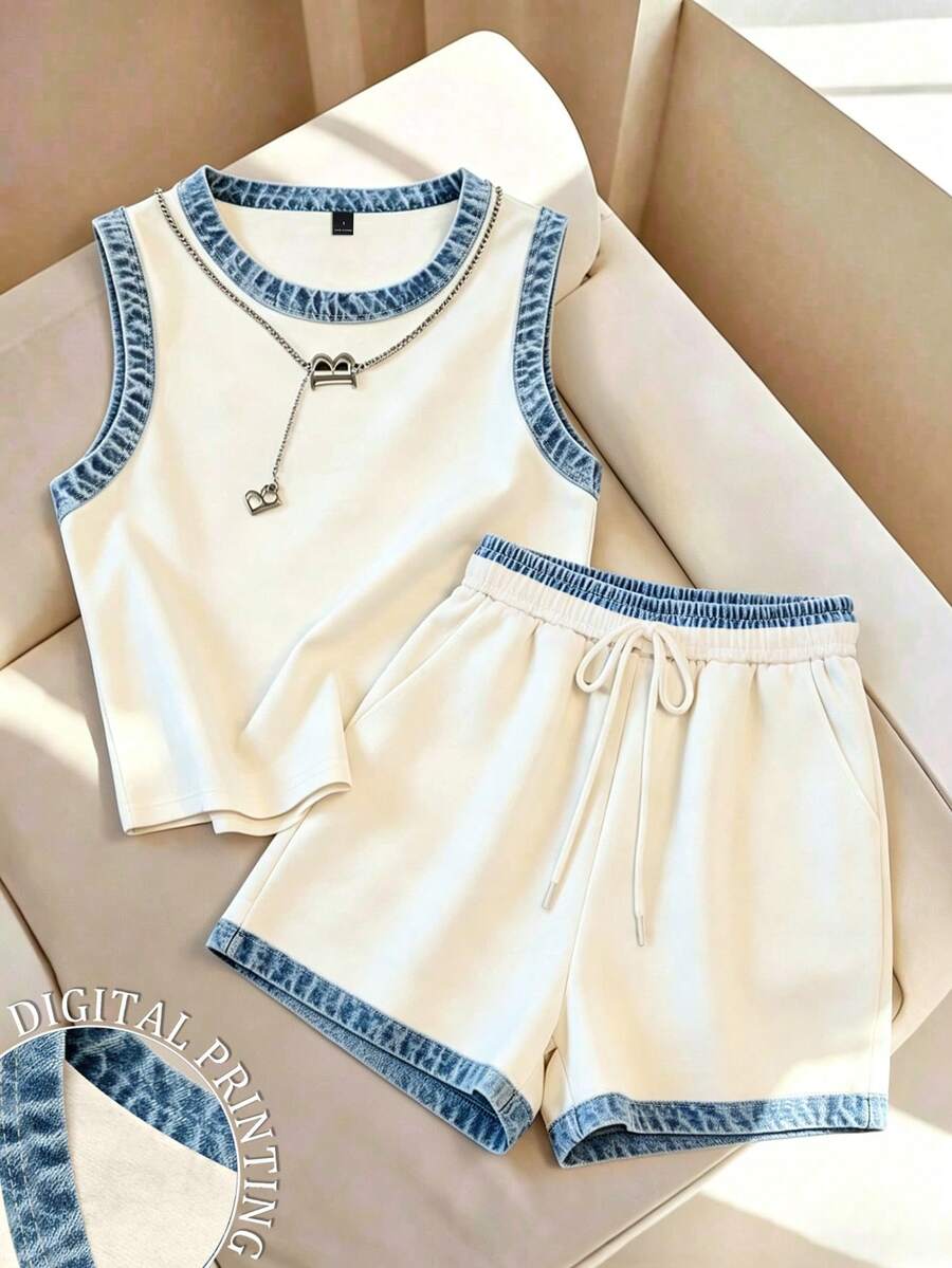 Franclia Women's Summer Casual Colorblock Trim Tank Top And Shorts 2 Pieces Set - Multicolor - View 1