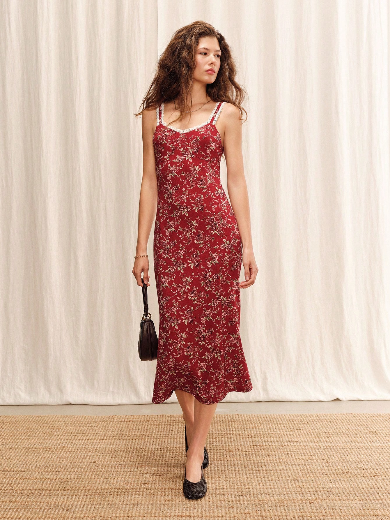 Red Floral Jersey Midi Dress With Lace Trim Detail And Open Back Summer Holiday Casual Vintage Dress
