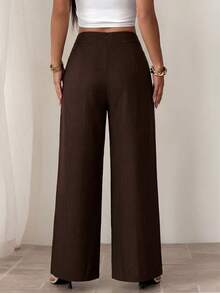 SHEIN PETITE Women's Brown Bamboo Fabric Waist Front Overlay Buckle Design Elegant Teacher Uniform Professional Casual, Thanksgiving, Halloween Essential Versatile - Burgundy - View 2