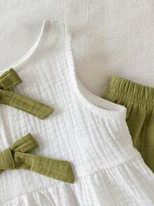 SHEIN 2pcs/Set Baju Bayi Perempuan Musim Panas Kasual Lucu Manis Atasan Tank Top dengan Pita & Celana Panjang Pinggang Elastis - Lime Green - View 8