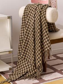 1pc Small Square Checkered Woven Sofa Blanket, Casual Style Polyester Rectangular Tassel Throw For Nap Or Daily Use At Office - Brown - View 1