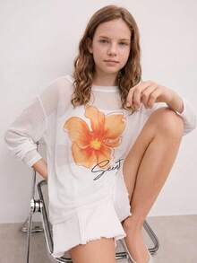 DAZY Oversized Tween Girl Asymmetric Neck Floral Print Loose T-Shirt - White - View 6