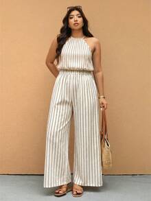 Elaquor Jumpsuit Wanita Ukuran Besar Motif Garis-garis Model Halter Neck Longgar dengan Kaki Lebar - Coklat - View 6