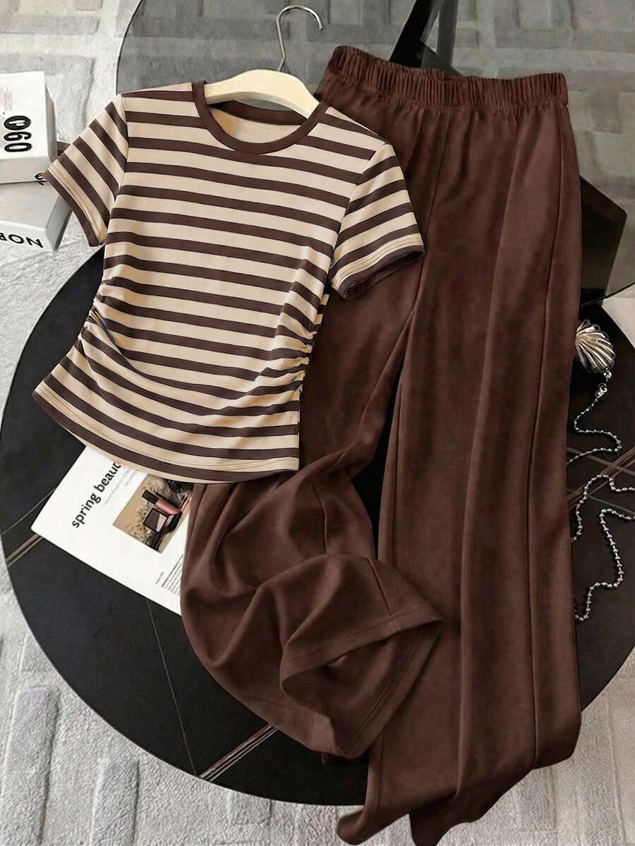 Resyla 2pcs Set: Vintage Casual Basic Striped Print Round Neck Ruched Hem Top + Wide Leg Pants, Coffee & Beige - Multicolor - View 1