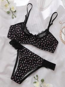 FairyFlirt Bộ 2 món áo ngực ren hoa phối patchwork có gọng, phong cách đồng quê lãng mạn trang trí nơ - màu đen - Xem 4