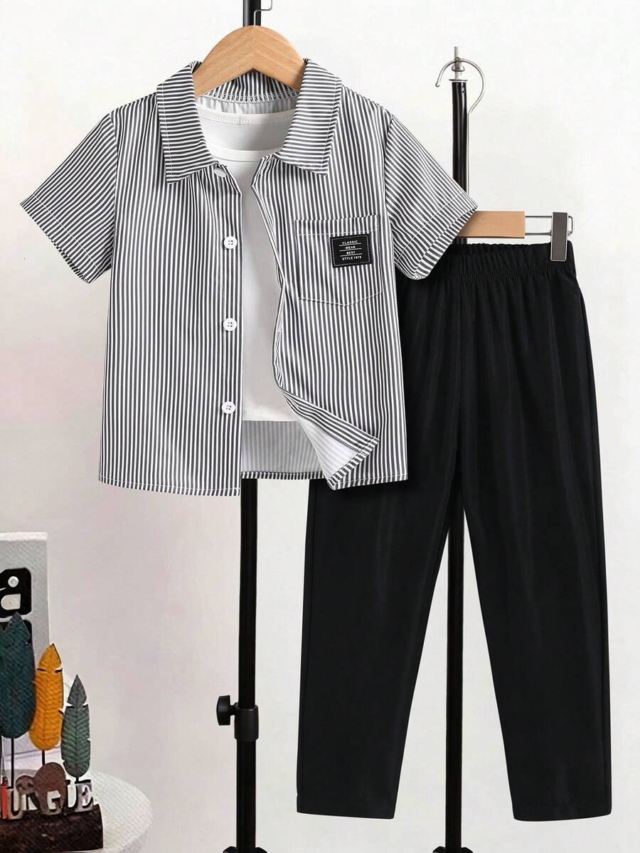 SHEIN 2件裝小男孩極簡條紋領襯衫與編織長褲套裝,舒適面料,修身剪裁,適合多種場合與季節 - 黑色 - 查看 1