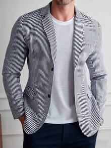 Core Aspect 白色條紋休閒西裝外套，輕量寬鬆單排扣男士商務西裝，夏季時尚禮儀正式款 - 彩色 - 查看 4
