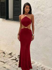 Aloruh Vestido de mujer con decoración de metal, espalda descubierta y cuello halter - Burdeos - Ver 5