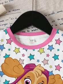SHEIN | PAW Patrol 少女夏季休閒度假日常通勤趣味可愛卡通彩色星星印花短袖T恤 - 白色 - 查看 7