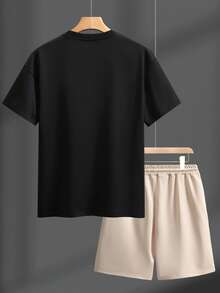 Manfinity Homme Men's Plus Size Letter Print Pocket Short Sleeve T-Shirt And Drawstring Waist Shorts Casual Set - Black - View 2