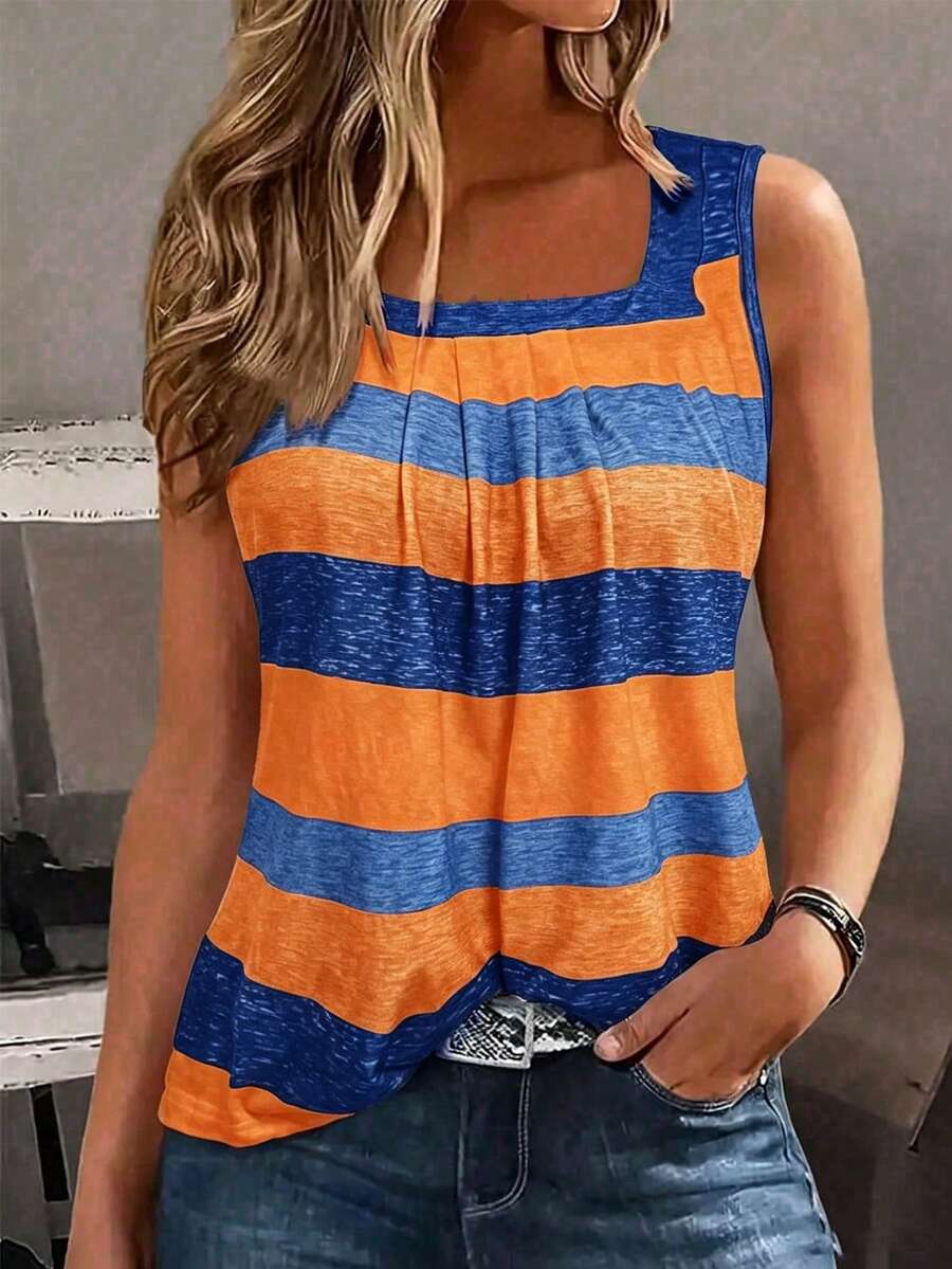 EMERY ROSE Holiday Casual Color Block Striped Tank Top Graphic Tees Women Tops - Orange - View 1