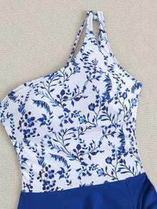 Swim Lushoire 女款新款拼色單肩分體式泳衣兩件套，海灘度假藍色花卉水藍色夏季熱帶歐式保守風 - 藍色 - 查看 5