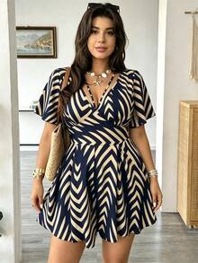 Vionelle Plus Size V-Neck Cinched Waist Allover Print Jumpsuit, Casual & Versatile For Spring/Summer - Blue - View 3