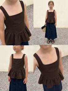 DAZY Young Girl Summer Casual Solid Color Ruffle Tank Top - Brown - View 3