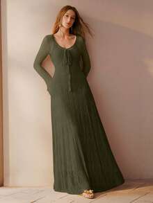 MOTF PREMIUM V-NECK TIE FRONT SHEER LONG DRESS - Army Green - View 6