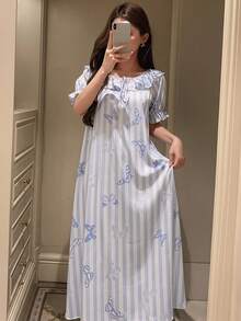 DAZY Women's Striped Butterfly Print Ruffle Hem Nightgown - Blue - View 4