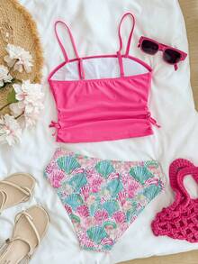 SHEIN Teen Girl Teen Girls Tankini Set With Shell Pattern Bottoms - High Stretch, Non-Transparent, Machine Washable - Fashion Swimwear, Suitable For Swimming, Vacation, Summer Beach Wear, Children's Swimsuit Set, Summer Holiday - Multicolor - View 2
