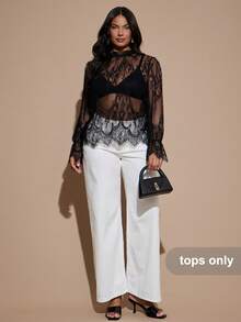SHEIN BAE CURVE Plus Size Women's Lace Sexy Elegant Versatile Date Dinner Brunch Night Brunch Night Gym Party Outing Blouse Black Autumn Fall - Black - View 3