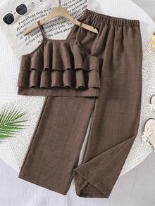 SHEIN Sparklyn Tween Girls Vacation Set,Layered Ruffle Camisole+Floral Print Wide Leg Pants,Shadesofbrown,Elegant,80s,Summer,Beach,Vacation,Suitable For Daily Outing - Coffee Brown - View 3