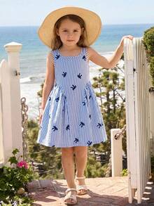 SHEIN Young Girl Woven Striped Square Neck Sleeveless Casual Dress - Blue - View 2