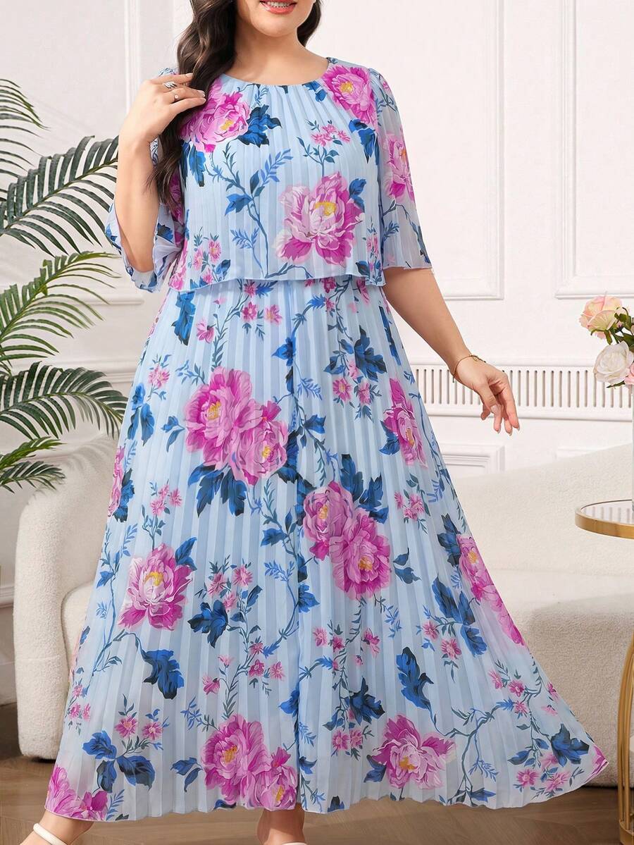Reflora Đầm hè nữ size lớn họa tiết hình học thanh lịch chất liệu voan xếp ly - Màu xanh lam - Xem 1