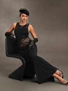 Cheriluna Maternity Maternity Party Photoshoot Dress, Lace Patchwork Asymmetrical Shoulder Fitted Stretchy Bodycon Maxi Dress For Pregnancy Summer Black Elegant - Black - View 6