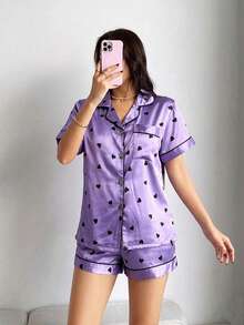 Napfluff Women's Minimalist Soft Pink & Black Heart Print Short Sleeve Pajama Set With Collar - Purple - View 3