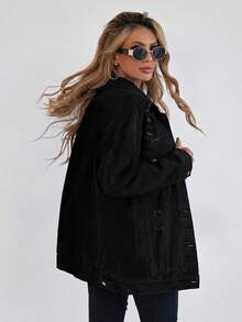 SHEIN Frenchy Button Blue Front Flap Pocket Drop Shoulder Denim Jacket - Black - View 2