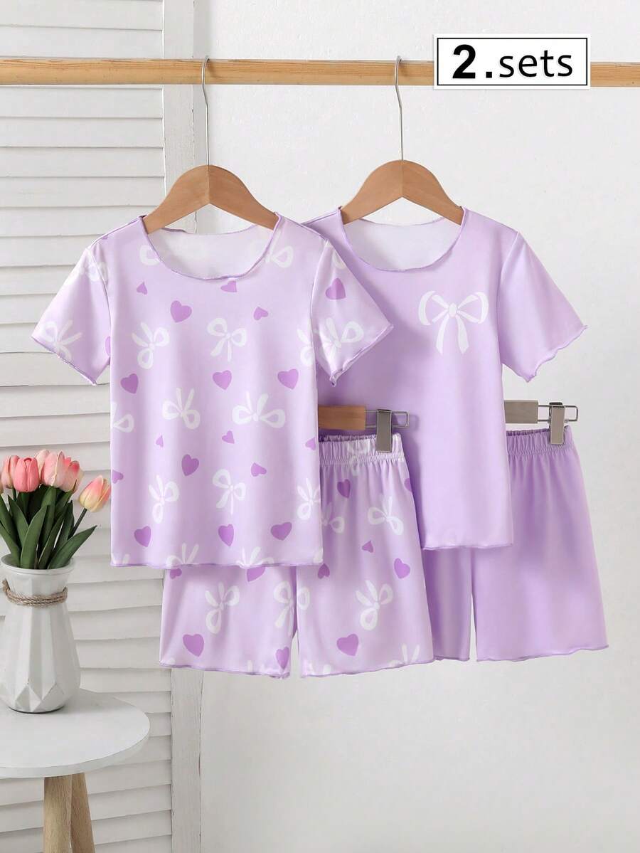 SHEIN 4pcs Set Piyama Rajut Lengan Pendek Motif Pita & Hati Lucu untuk Anak Perempuan - Mauve Purple - View 1