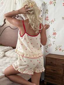 CottageSlumber Bow Decor Cherry Striped Print Camisole & Shorts Pajama Set - Yellow - View 7