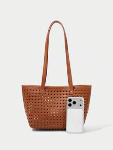 SHECARRY Ladies Shoulder Bag, Exquisite Holiday Woven Embossed Hollow PU Tote Bag - Brown - View 4