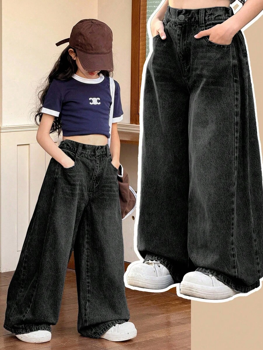 SHEIN Little Byeori 少女 Y2K 夏季休閒黑色丹寧寬鬆大寬腿鬆垮牛仔褲，適合春夏日常穿搭、街頭風、音樂祭、派對、海灘、生日、鄉村風、2000年代鬆垮牛仔褲 - 黑色 - 查看 1