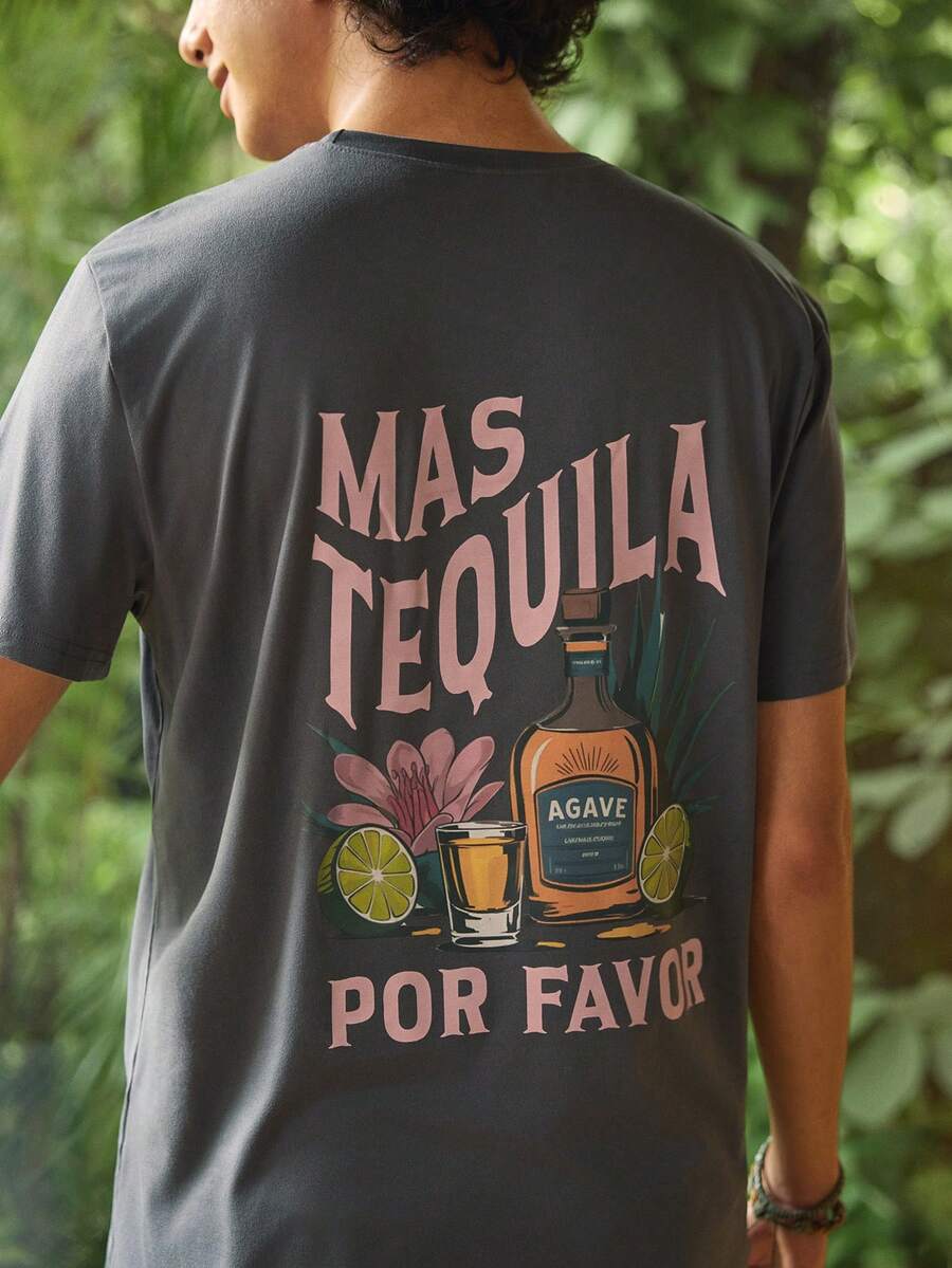Whitmere T-shirt à manches courtes pour hommes de style mexicain rétro imprimé, confortable et respirant, convient pour l'été, à la mode mode - Gris foncé - Voir 1