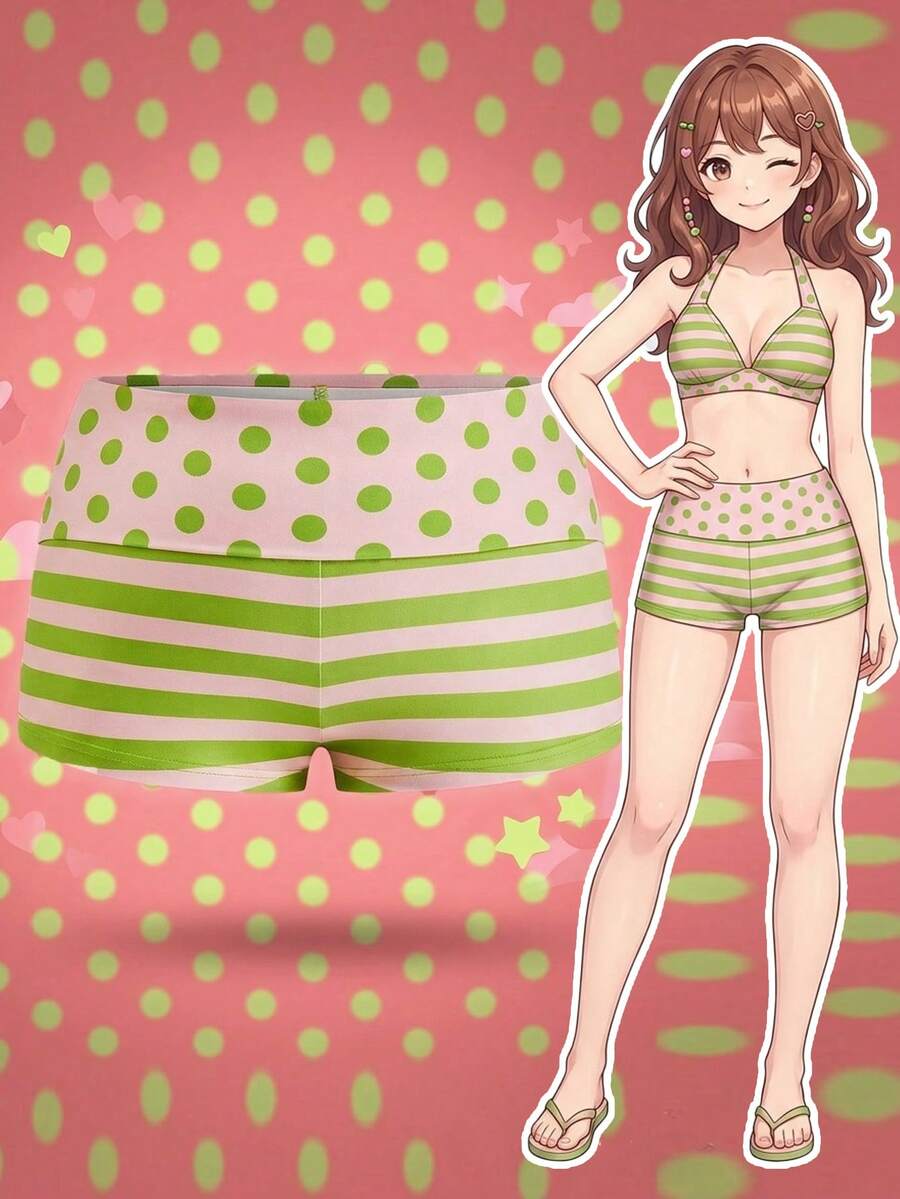 Flirla شورت مطبوع بنقاط وخطوط ملون مثير مقاس كبير، ربيع/صيف - متعدد الألوان - مشاهدة 1
