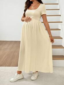 SHEIN Đầm bầu mùa hè mặc thường ngày đi du lịch màu trơn cổ vuông thắt eo - Màu be - Xem 11