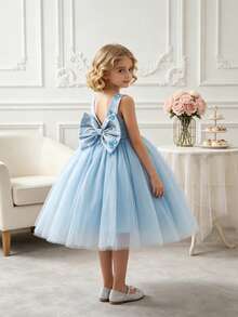SHEIN Elladie kids 少女蓝色无袖珍珠蝴蝶结网纱罩衫连衣裙，适合晚宴、生日派对、演出、夏季等场合。 - 藍色 - 查看 9
