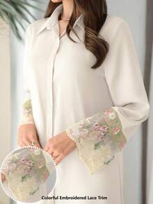 Al Najma Women's Floral Embroidered Mesh Patchwork Arabic Style Dress - Apricot - View 8