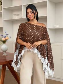 Modelyn Plus Size Women's Solid Color Asymmetrical Shoulder Split Sleeve Short Loose Blouse, Lace Trim Patchwork Fall - Coffee Brown - View 3