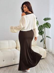 Solflare Plus Size Women's Summer Solid Color Fishtail Hem Square Neck Dress With Asymmetric Shoulder Cover-Up Top 2pcs Set Fall - Chocolate Brown - View 5