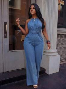 Slaydiva Plus Size Women Pleated Halter Casual Everyday Denim Jumpsuit - Blue - View 1