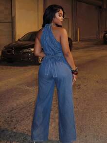 Slaydiva Plus Size Women Pleated Halter Casual Everyday Denim Jumpsuit - Blue - View 2