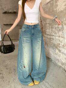 DAZY Women's Letter Distressed Design Loose Straight Leg Jeans, Casual Street Style Fall - Medium Wash - View 2