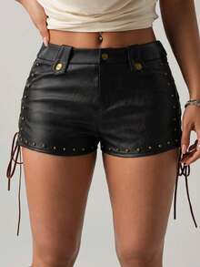 SHEIN ICON Women's PU Leather Tie-Up Design Fashion Shorts - Black - View 6