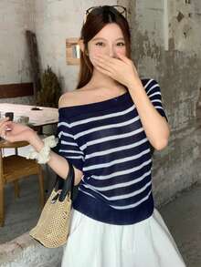 Livesso Women's Solid Color Integrated Knit Collar Polo Neck Casual Commuter Knit Top, Spring/Summer - Navy Blue - View 3