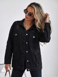 SHEIN Frenchy Button Blue Front Flap Pocket Drop Shoulder Denim Jacket - Black - View 6