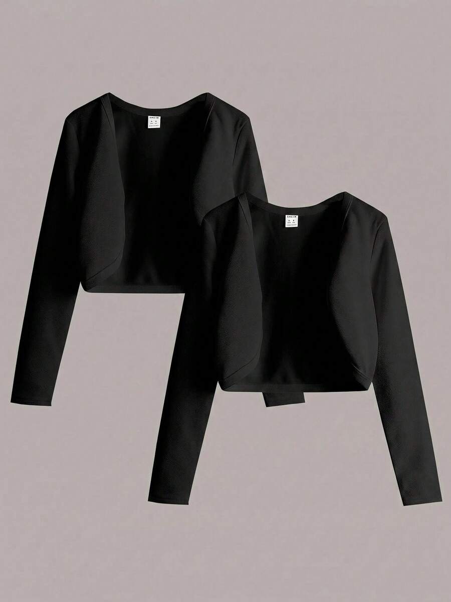 SHEIN Girlism 青少年女孩 2件/組 黑色休閒純色長袖開襟夾克,買1送1,秋冬穿搭 - 黑色 - 查看 1