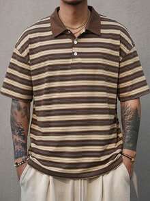 DAZY Men's Polo Collar Striped Short Sleeve T-Shirt, Multi-Color, Summer Graphic Tee - Brown - View 5