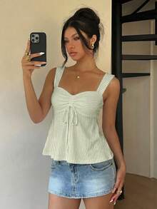 SHEIN 白色休闲女式抽绳吊带背心，户外上衣，度假风，可爱夏日上衣 - 綠色 - 查看 4