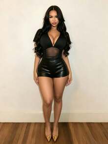SHEIN BamGlam Black Mesh Sheer Bodysuit, Deep V-Neck Short Sleeve Ruched Bodycon Clubwear Night Out Top Summer Sexy - Black - View 5