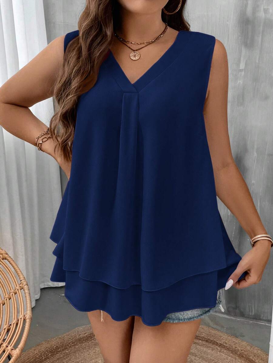 EMERY ROSE Plus Size Women V-Neck Ruffle Hem Sleeveless Blouse - Navy Blue - View 1